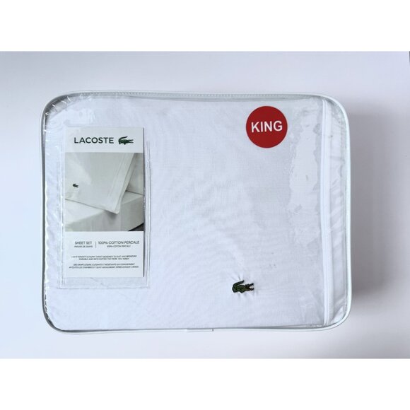 Lacoste Percale Solid King Bed Sheet Set 100% Cotton White Crocodile Logo  New - Picture 1 of 3
